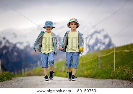 Two Children, Boy Brothers, Walking On A Little Path In Swiss Apls