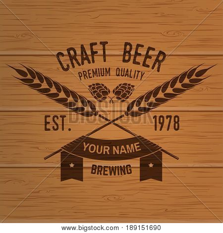 Craft Beer badge. Vector illustration. Vintage design for bar, pub and restaurant business. Photorealistic wood engraved craft beer design.