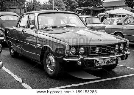BERLIN - MAY 13 2017: Executive car Rover P6 3500 1979. Black and white. Exhibition 