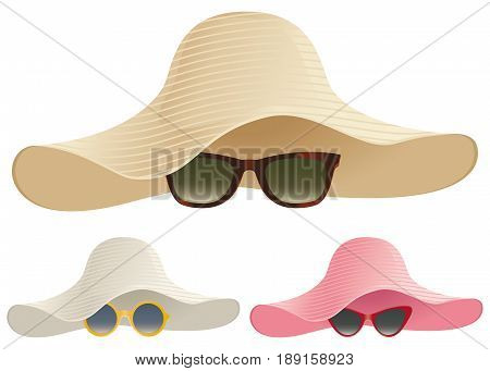 A selection of floppy hats and sunglasses.