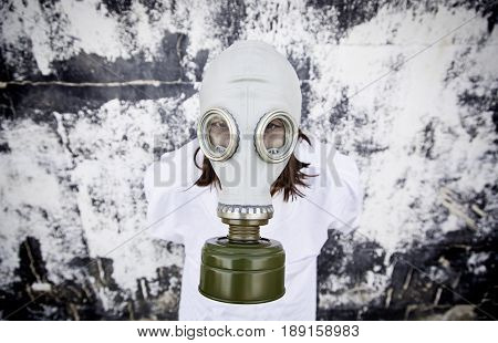 Woman with hooded gas mask fear halloween