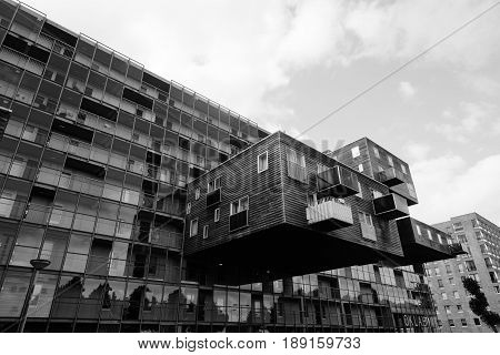 Amsterdam Netherlands - August 08 2016: WoZoCo is a project by MVRDV architects to provide 100 one-bedroom dwellings for seniors in Amsterdam. The building is known because of the extreme cantilever of some of the apartments and the variety of materials: