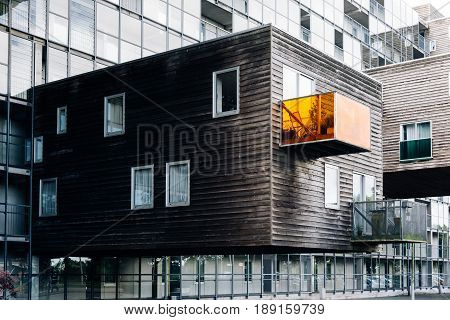 Amsterdam Netherlands - August 08 2016: WoZoCo is a project by MVRDV architects to provide 100 one-bedroom dwellings for seniors in Amsterdam. The building is known because of the extreme cantilever of some of the apartments and the variety of materials: