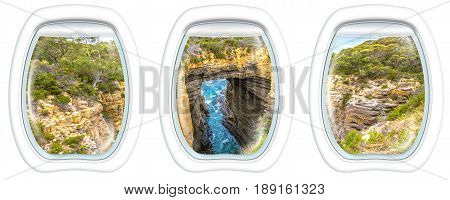 Three porthole frame windows on Tasman Arch is an unusual geological formation found in the Tasman National Park, Tasman Peninsula in the south east coast of Tasmania, Australia.