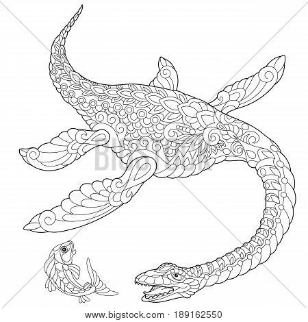 Stylized plesiosaurus dinosaur of the Mesozoic era isolated on white background. Freehand sketch for adult anti stress coloring book page with doodle and zentangle elements.