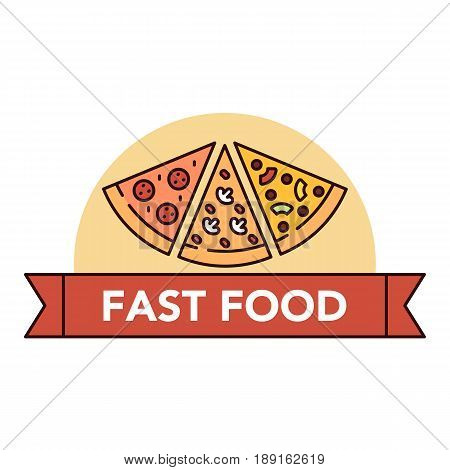 Illustration set of different kinds of pizza on white background with lettering on a red ribbon. Junk food and unhealthy lifestyle topic.