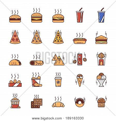 Illustrations set of junk and fast food on colored background