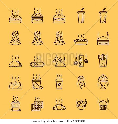 Illustrations set of junk and fast food on colored background
