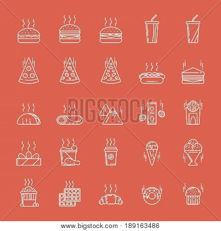 Illustrations set of junk and fast food on colored background