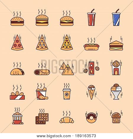 Illustrations set of junk and fast food on colored background