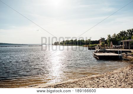 Panorama sunset, landscape in summer. Beach of sand