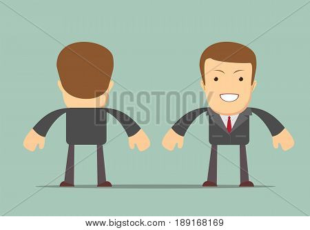 Image businessman behind and front view. Isolated on background . Stock vector illustration for poster, greeting card, website, ad, business presentation, advertisement design.