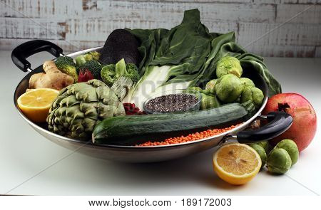 Vegetables, Fruit, Seeds, Cereals, Beans, Spices, Superfoods, Herbs, Condiment In Silver Pan For Veg