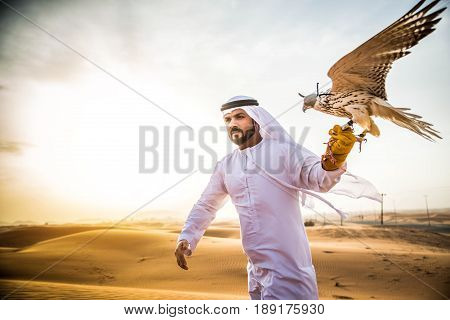 Arabian man walking in the desert at sunrise