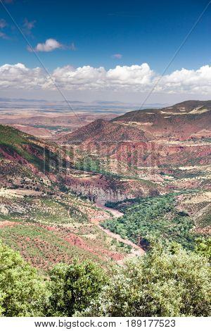 Morocco, High Atlas Landscape. Valley near Marrakech on the road to Ouarzazate.Spingtime, sunny day. Africa.