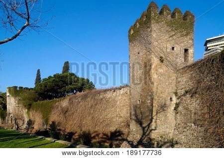 medieval Drassanes walls in Barcelona Catalonia Spain