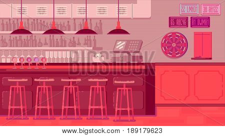 Bar Restaurant with counter in flat style. banner of interior with bar counter, bar chairs and shelves with alcohol.