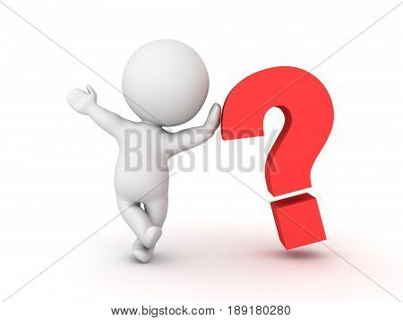 3D Character leaning on question mark symbol and waving. Image conveying the idea of a mystery or an invenstigation or an query.