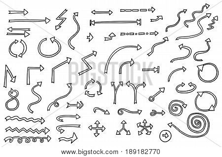 Set or collection of vector cartoon doodle hand drawn arrow symbols in black and white color