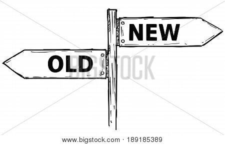 Vector cartoon doodle hand drawn crossroad wooden direction sign with two arrows pointing left and right as old or new decision guide