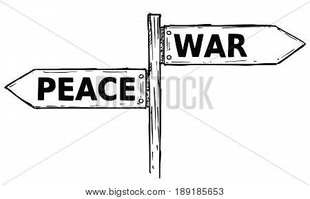Vector cartoon doodle hand drawn crossroad wooden direction sign with two arrows pointing left and right as war or peace decision guide