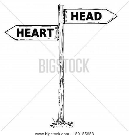 Vector cartoon doodle hand drawn crossroad wooden direction sign with two arrows pointing left and right as head or heart decision guide