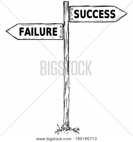 Vector cartoon doodle hand drawn crossroad wooden direction sign with two arrows pointing left and right as success or failure decision guide