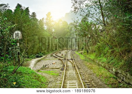 Small narrow-gauge railway station from Yuejin to Bagou in the jungle. Jiayang Mining Region. Sichuan province. China.