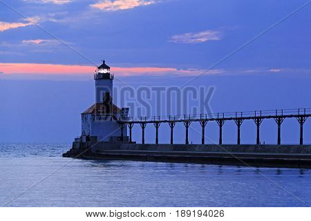 Sundown at the East Pierhead LIght at Michigan City Indiana on Lake Michigan