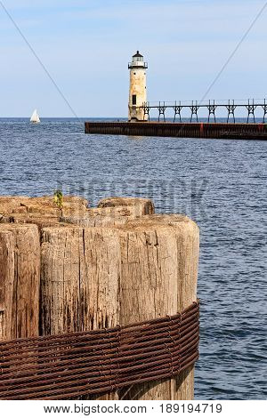 Manistee North Pierhead Lighthouse on the coast of Lake Michigan