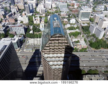 SEATTLE-- JUNE 25: Aerial view of downtown Seattle buildings Seattle City Light 700 5th Ave and Highway on June 25 2016 in Seattle WA.