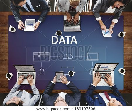 Group of people working on laptop network graphic overlay