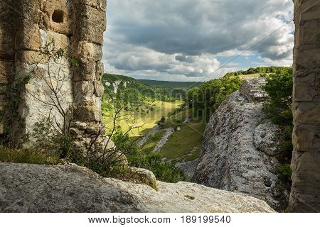 Gate on the hill of the Cave City in Cherkez-Kermen Valley, Crimea