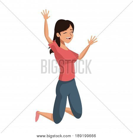 jumping happy woman in jeans and shirt image vector illustration
