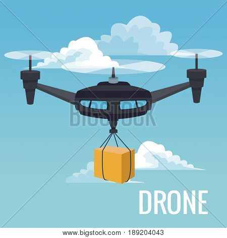 sky landscape background robot drone carrying box with three airscrew vector illustration