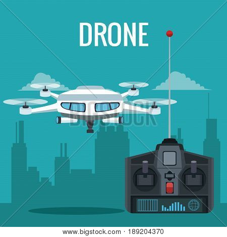 blue scene city landscape set remote control and white modern robot drone with four airscrew and pair of telescope vector illustration