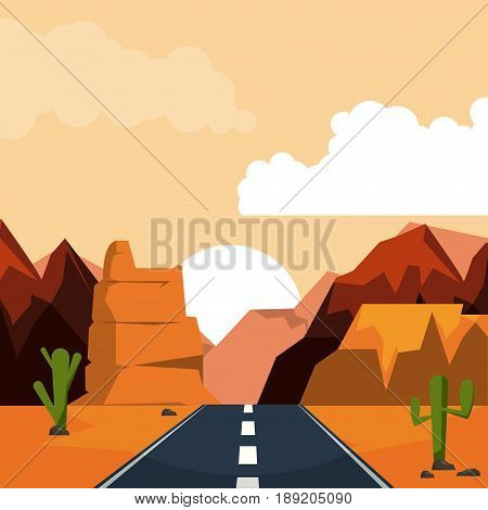colorful background of desert sunset landscape with valley and mountains and highway vector illustration