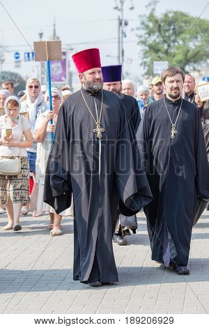 KIEV UKRAINE - JULY 27 2016 : Parishioners Ukrainian Orthodox Church Moscow Patriarchate during religious procession. At present there is undeclared war of Kiev Patriarchate and Moscow Patriarchate