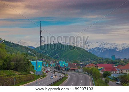 ALMATY KAZAKHSTAN - MAY 6: Kok Tobe hill and TV tower. City view on May 6 2017 in Almaty Kazakhstan.