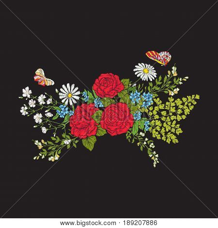 Embroidery. Bouquet with roses and daisies. Traditional European pattern. Stock line vector illustration.
