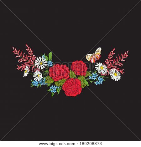 Embroidery. Bouquet with roses and daisies. Traditional European pattern. Stock line vector illustration.