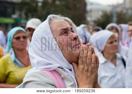 KIEV UKRAINE - JULY 27 2016 : Parishioners Ukrainian Orthodox Church Moscow Patriarchate during religious procession. At present there is undeclared war of Kiev Patriarchate and Moscow Patriarchate