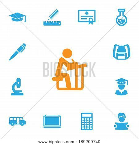 Set Of 13 Science Icons Set.Collection Of Ink, School Autobus, Pencil And Other Elements.