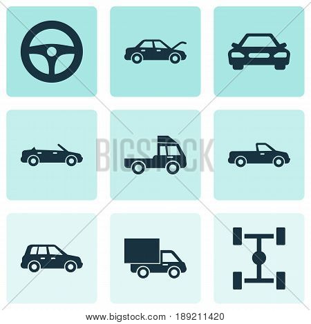 Car Icons Set. Collection Of Drive Control, Wheelbase, Car And Other Elements. Also Includes Symbols Such As Cabriolet, Lorry, Wheel.