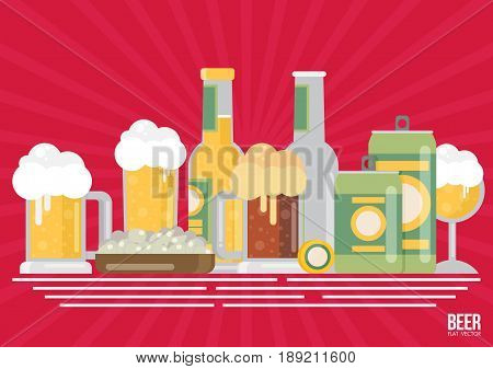 Bottle Of Beer With Glass, Flat Design Modern Vector Illustration.