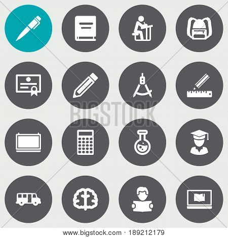 Set Of 16 Science Icons Set.Collection Of School Autobus, Certificate, Rucksack And Other Elements.