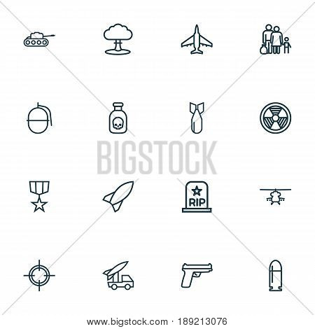 Army Outline Icons Set. Collection Of Dynamite, Aircraft, Rip And Other Elements. Also Includes Symbols Such As Cooper, Hazar, Target.