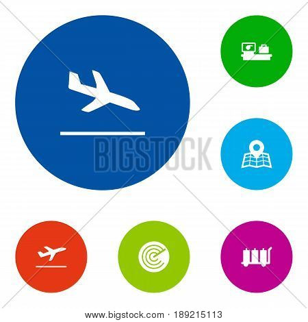 Set Of 6 Aircraft Icons Set.Collection Of Letdown, Luggage Check, Location And Other Elements.