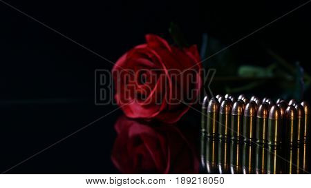Bullet and red rose the black mirror background