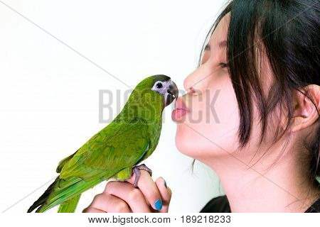 Cute green macaw bird pet kiss to woman.